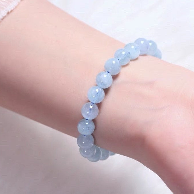 Natural Light Blue Aquamarine 8mm Round Bead Birthstone Elastic Stretch String Bracelet