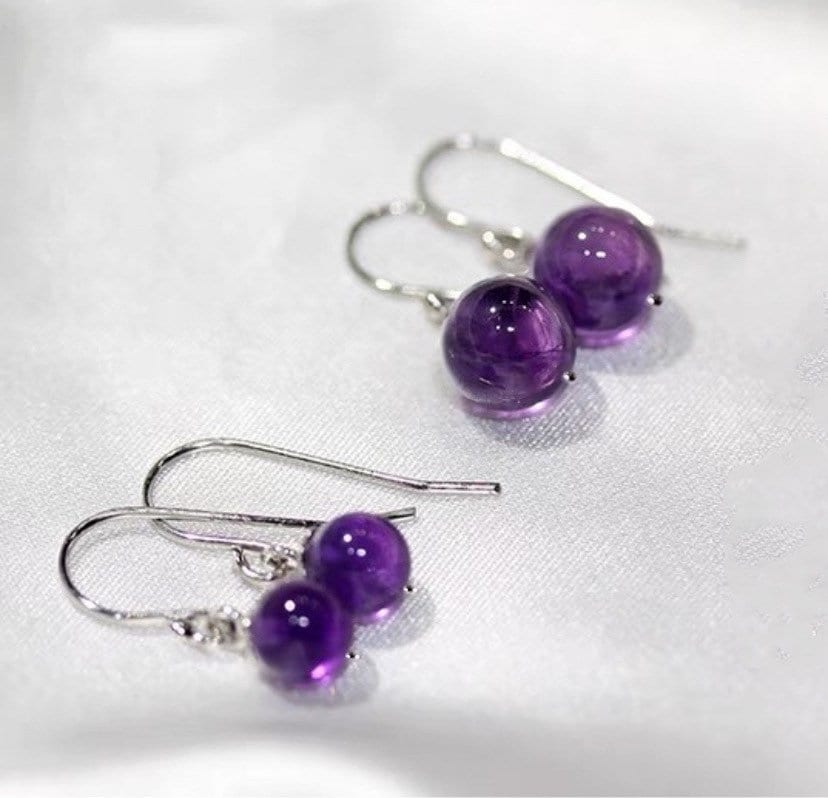 Surgical stainless steel hook Round Bead AAA Amethyst Birthstone Earrings 8mm 10mm