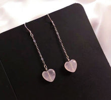 Load image into Gallery viewer, 925 Silver Dangle or Surgical Steel Threader Earrings with Natural 10mm Mozambique Heart Rose Quartz, Elegant Jewelry
