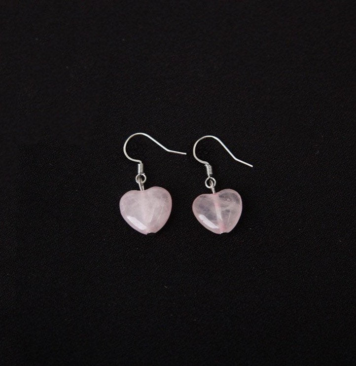 925 Silver Dangle or Surgical Steel Threader Earrings with Natural 10mm Mozambique Heart Rose Quartz, Elegant Jewelry