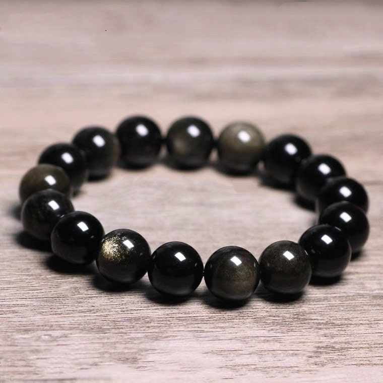 Natural Natural Golden Obsidian Grade AAA Round Gemstone Beads Elastic Stretch String Bracelet