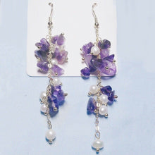 Load image into Gallery viewer, S925 Birth Stone Amethyst Gem Chips 5mm Natural Pearls 8cm Long Earrings Hook
