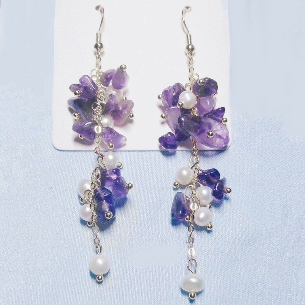 S925 Birth Stone Amethyst Gem Chips 5mm Natural Pearls 8cm Long Earrings Hook