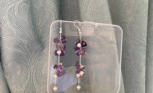 Load image into Gallery viewer, S925 Birth Stone Amethyst Gem Chips 5mm Natural Pearls 8cm Long Earrings Hook
