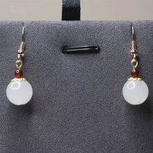 Load image into Gallery viewer, Gold Filigree Flower 8mm White Jade 3mm Garnet Beads Earrings
