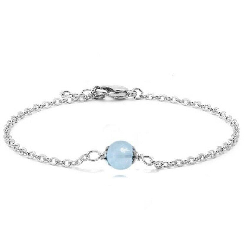 925 Silver Anklet with 8mm Aquamarine Round Beads, Available in 8, 9, 10, and 11 Inches with Extender, Elegant Jewelry.