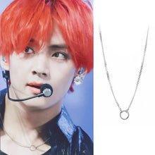 Load image into Gallery viewer, Surgical stainless steel BTS-style necklace with a 10mm circle ring and 2x3mm curb chain, adjustable from 16 to 18 inches, perfect for BTS fans and fashion-forward individuals.
