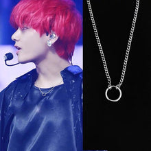 Load image into Gallery viewer, Surgical stainless steel BTS-style necklace with a 10mm circle ring and 2x3mm curb chain, adjustable from 16 to 18 inches, perfect for BTS fans and fashion-forward individuals.
