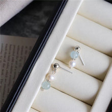 Load image into Gallery viewer, Surgical Steel Small Bar Earrings 3-4mm Aquamarine 4.5mm Button Pearls Stud
