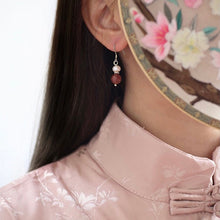 将图片加载到图库查看器，S925 Chinese Style Hulu 4mm AAA Button Pearls 8mm Red Jade Flower Cap Bead Silver Dangle QiPao Earrings
