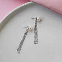 将图片加载到图库查看器，Sterling Silver Chain Tassel Earrings with AAA Button Pearls, 5cm Length, Elegant Jewelry for Bridal, Bridesmaid Gifts, and Prom
