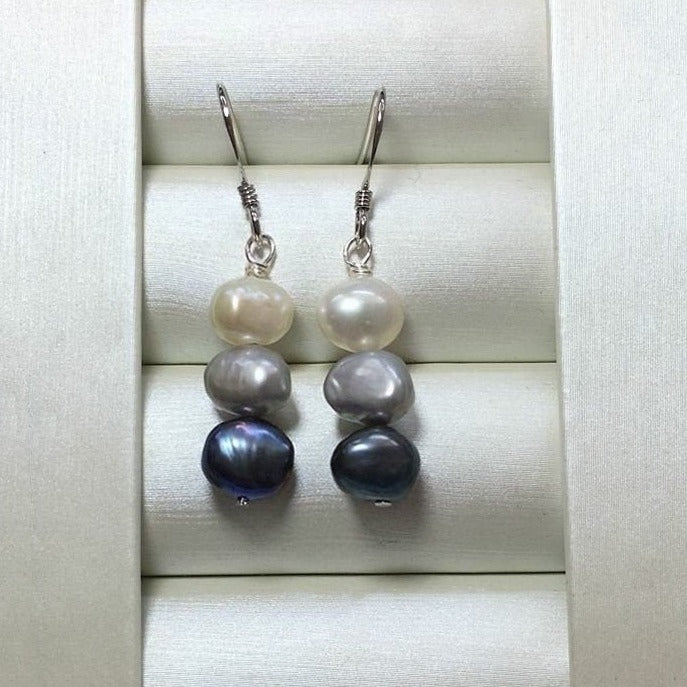 S925 Korean Dangle Hook Black Grey White Baroque Pearl Bar Earrings 4-6mm