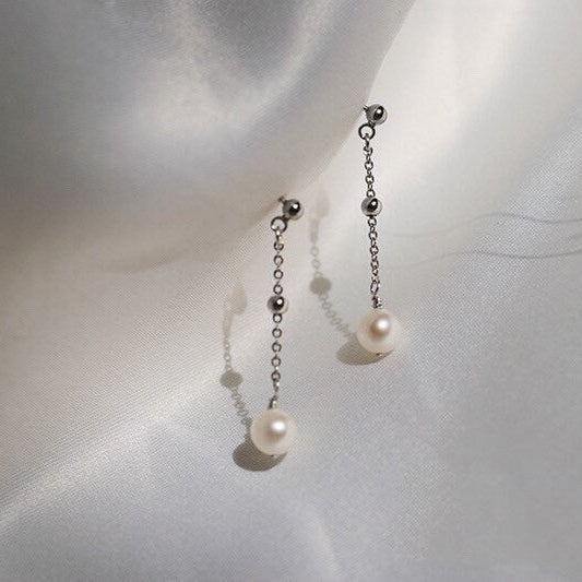 한국 패션 8mm 크리스탈 진주 비즈 체인 스틸 귀걸이
