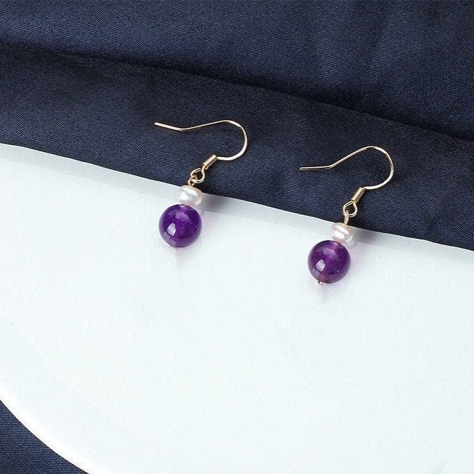 925 Gold Plated Dangle Earrings with 4mm Natural Pearls and 8mm Amethyst Round Beads, Elegant Jewelry