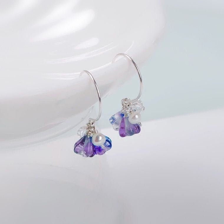 Korean Elegant Purple 6X4mm Bell Flower Austrian Crystal Small Silver Dangle/ Threader Earrings 10cm