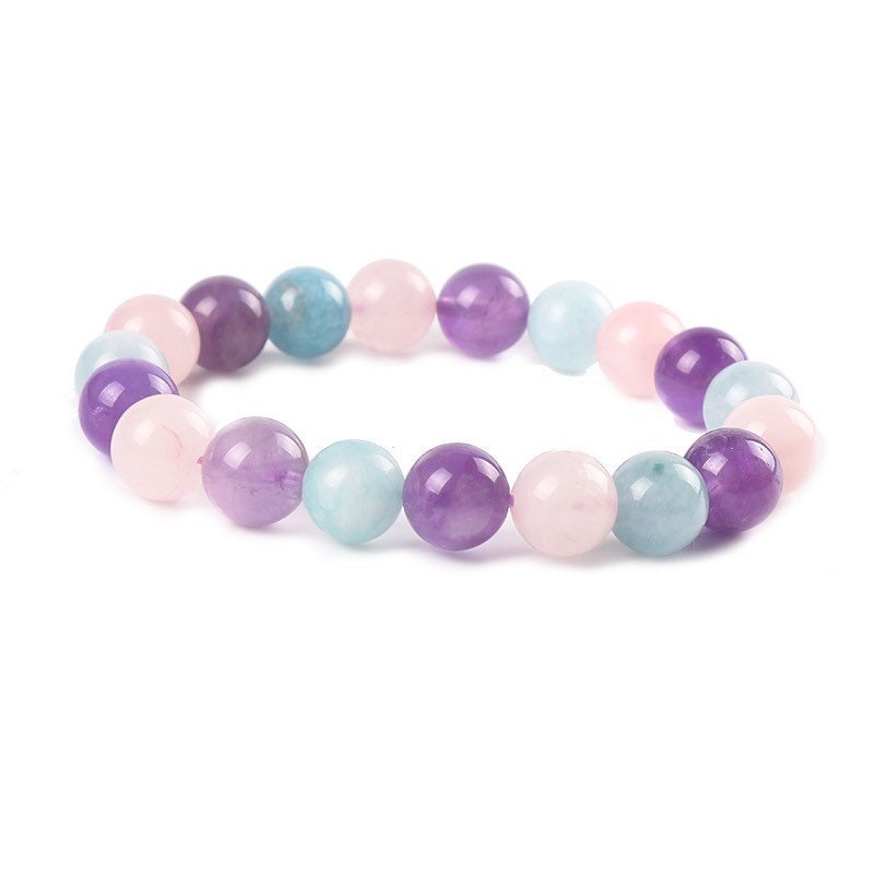 Natural Light Blue milky Aquamarine Amethyst Rose Quartz  Round Bead Elastic Stretch String Bracelet