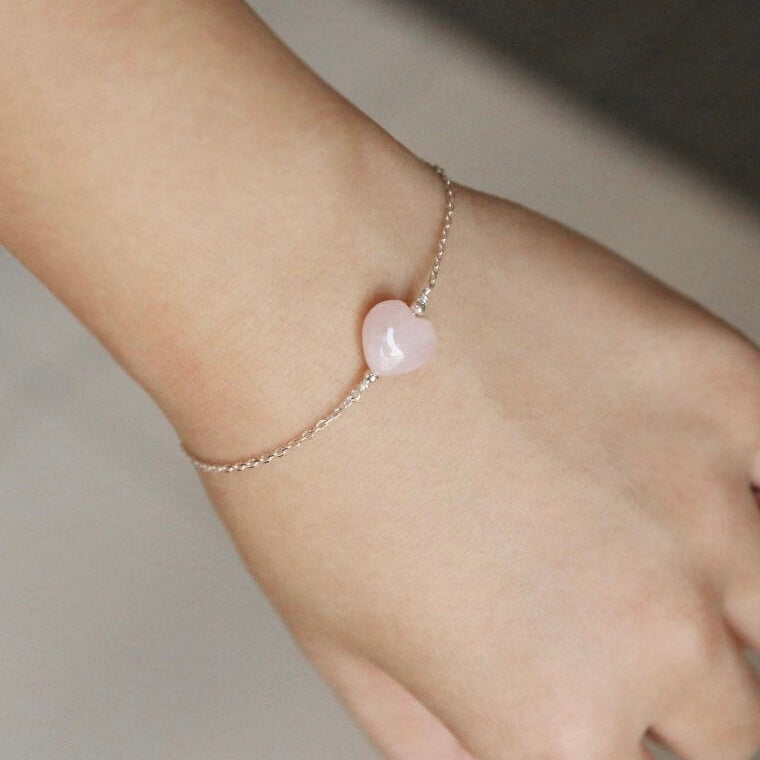 S925 10mm Rose Quartz Heart 6/7/8 Inches with 0.5 Inch Extender Crystal Bracelet