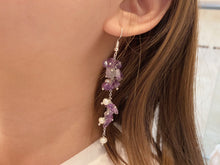 Load image into Gallery viewer, S925 Birth Stone Amethyst Gem Chips 5mm Natural Pearls 8cm Long Earrings Hook
