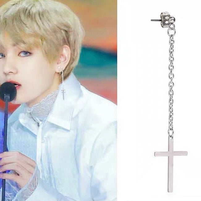 Steel Korean Kpop BTS Inspired Earring Cross Stud Chain Link Punk Unisex Earrings 7cm