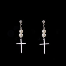 Load image into Gallery viewer, Steel Korean Fashion Kpop Cross Chain Stud 5mm Crystal Pearls Earrings 6cm
