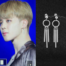 Load image into Gallery viewer, BTS style Kpop studs with 2cm and 3cm rectangle charms, 10mm circle ring, and punk chain steel design, 4.8cm in length.
