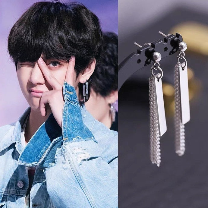 BTS Surgical Steel K-pop Earrings with 2cm Rectangle Charm and Tassel Chain Stud, 4cm in length.