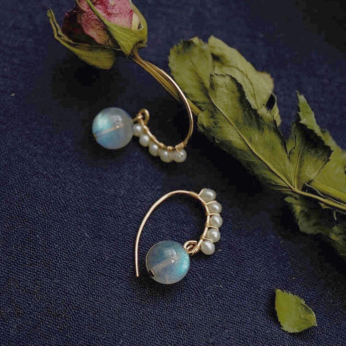 A pair of 18K Gold Plated stainless steel hook earrings with 4mm button pearls and 9mm AAAA labradorite gemstones.