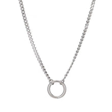 Load image into Gallery viewer, Surgical stainless steel BTS-style necklace with a 10mm circle ring and 2x3mm curb chain, adjustable from 16 to 18 inches, perfect for BTS fans and fashion-forward individuals.
