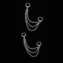 Load image into Gallery viewer, A pair of silver hoop earrings with a triple-layer chain design, measuring 6cm in length. The earrings have a double-piercing style, inspired by Korean Kpop BTS fashion.
