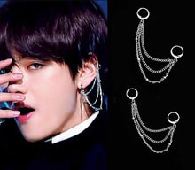 Load image into Gallery viewer, A pair of silver hoop earrings with a triple-layer chain design, measuring 6cm in length. The earrings have a double-piercing style, inspired by Korean Kpop BTS fashion.
