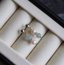 Load image into Gallery viewer, Surgical Steel Small Bar Earrings 3-4mm Aquamarine 4.5mm Button Pearls Stud
