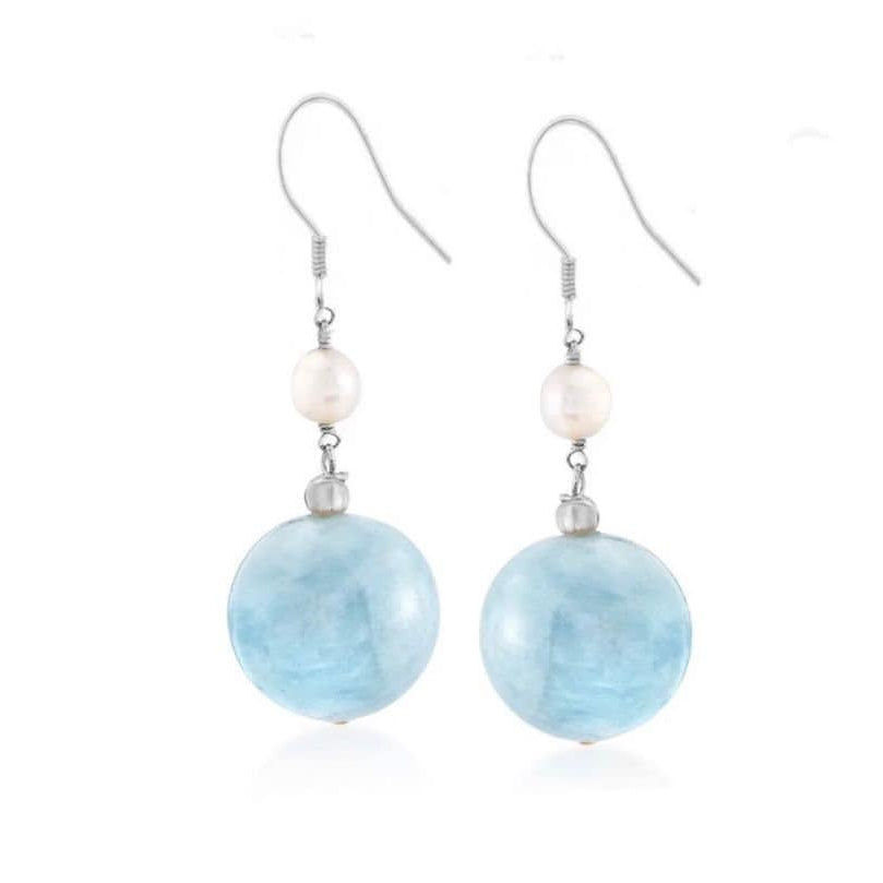 Dangle earrings with 12mm aquamarine round bead and 4-5mm natural pearls. Available in gold or silver, with a sophisticated design suitable for any occasion.