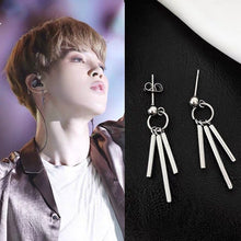 Load image into Gallery viewer, BTS style Kpop studs with 2cm and 3cm rectangle charms, 10mm circle ring, and punk chain steel design, 4.8cm in length.
