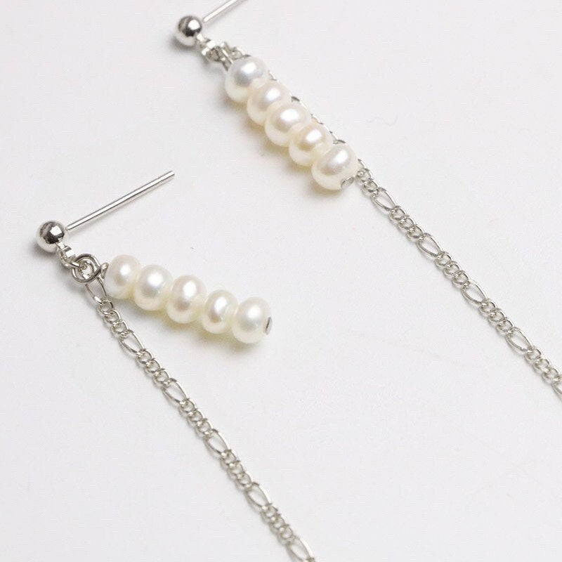 Silver Korean Natural 3mm Mini Pearls Bar Figaro Chain Earring 6-7cm