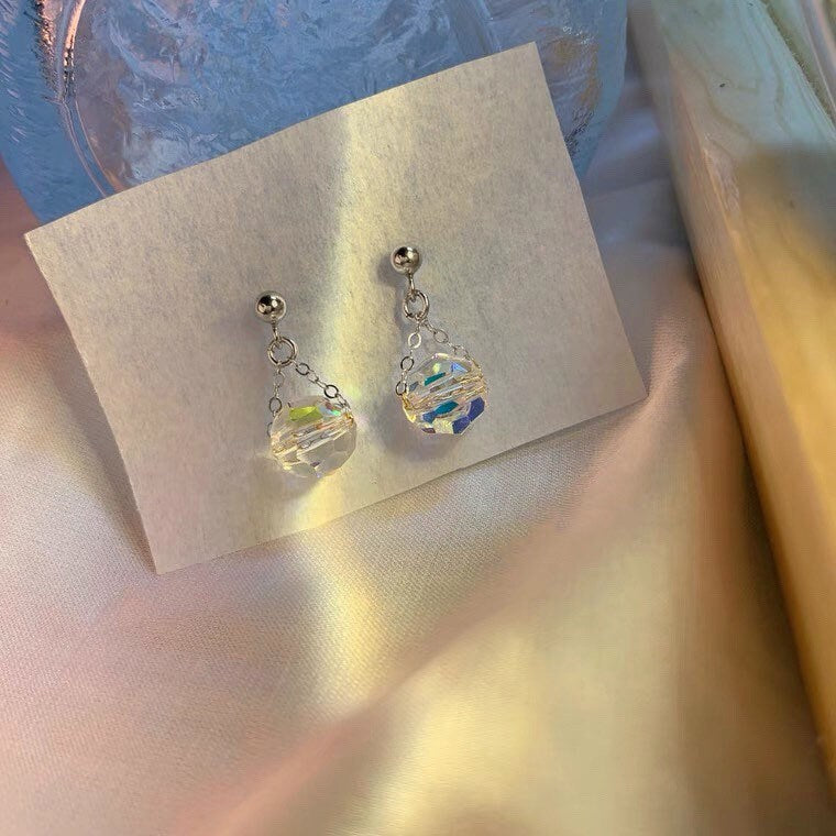 한국 패션 실버 8mm 투명 Ab 연마 비즈 무지개 컬러 귀걸이 스터드