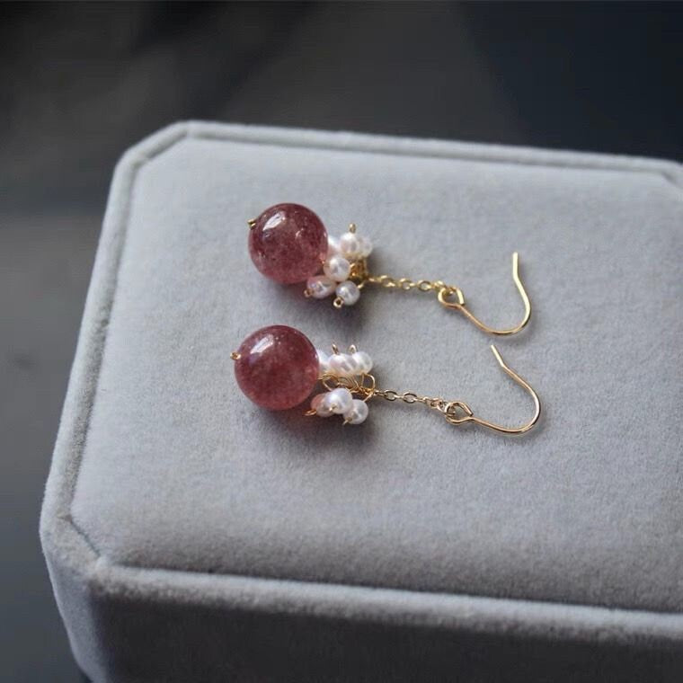 18k gold plated dangle earrings with 3mm freshwater pearls and 8mm AAA-grade strawberry quartz, 4cm long, hypoallergenic and elegant.