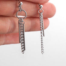 Load image into Gallery viewer, Asymmetrical 2-piece Different Design BTS Kpop Style Korean Earrings with 2cm and 3cm Rectangle Charms, 5-5.5cm Length, Hypoallergenic Steel.
