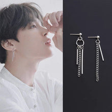 Load image into Gallery viewer, Asymmetrical 2-piece Different Design BTS Kpop Style Korean Earrings with 2cm and 3cm Rectangle Charms, 5-5.5cm Length, Hypoallergenic Steel.
