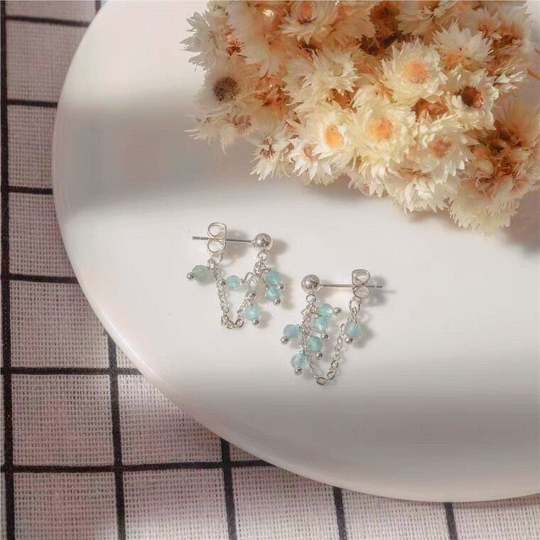 실버 체인 4mm 라이트 블루 아쿠아마린 연마 비즈 귀걸이