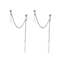 Load image into Gallery viewer, Image of a pair of hypoallergenic surgical steel double piercing earrings featuring Korean rectangle charms, measuring 2cm and 3cm respectively. The earrings have a gothic style and a total length of 6-6.5cm.
