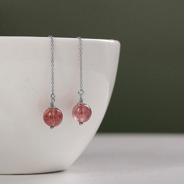 스레더 선조 꽃 8.5mm AAA 딸기 석영 라운드 비드 스틸 귀걸이