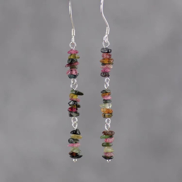 925 Silver Dangle Earrings with AAA Colorful Tourmaline Bar Chips (3-7mm), 7-8cm Length, Vibrant and Elegant Jewelry