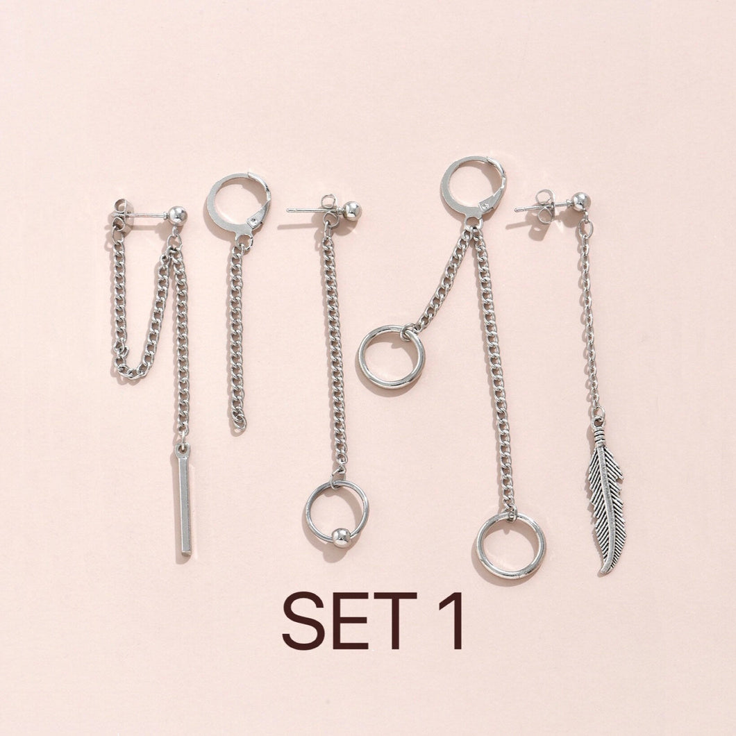 Korean KPOP Stainless Steel Punk Chain Earrings SET lot BTS Inspired Stud Charm Value Pack