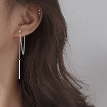 Load image into Gallery viewer, Steel Korean fashion chain link earrings with a 3cm rectangle charm stick, 7cm in length, perfect for adding a modern and edgy touch to your look.
