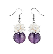 将图片加载到图库查看器，Silver Hook Dangle Earrings with 10mm Amethyst, Rose Quartz, or Aquamarine Stones and 3-4mm Baroque Pearls, Elegant Jewelry.
