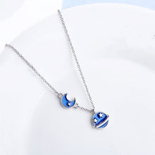 Load image into Gallery viewer, S925 Silver Moon and Saturn Blue Enamel Necklace ~16-17 inches
