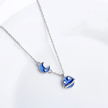 Load image into Gallery viewer, S925 Silver Moon and Saturn Blue Enamel Necklace ~16-17 inches
