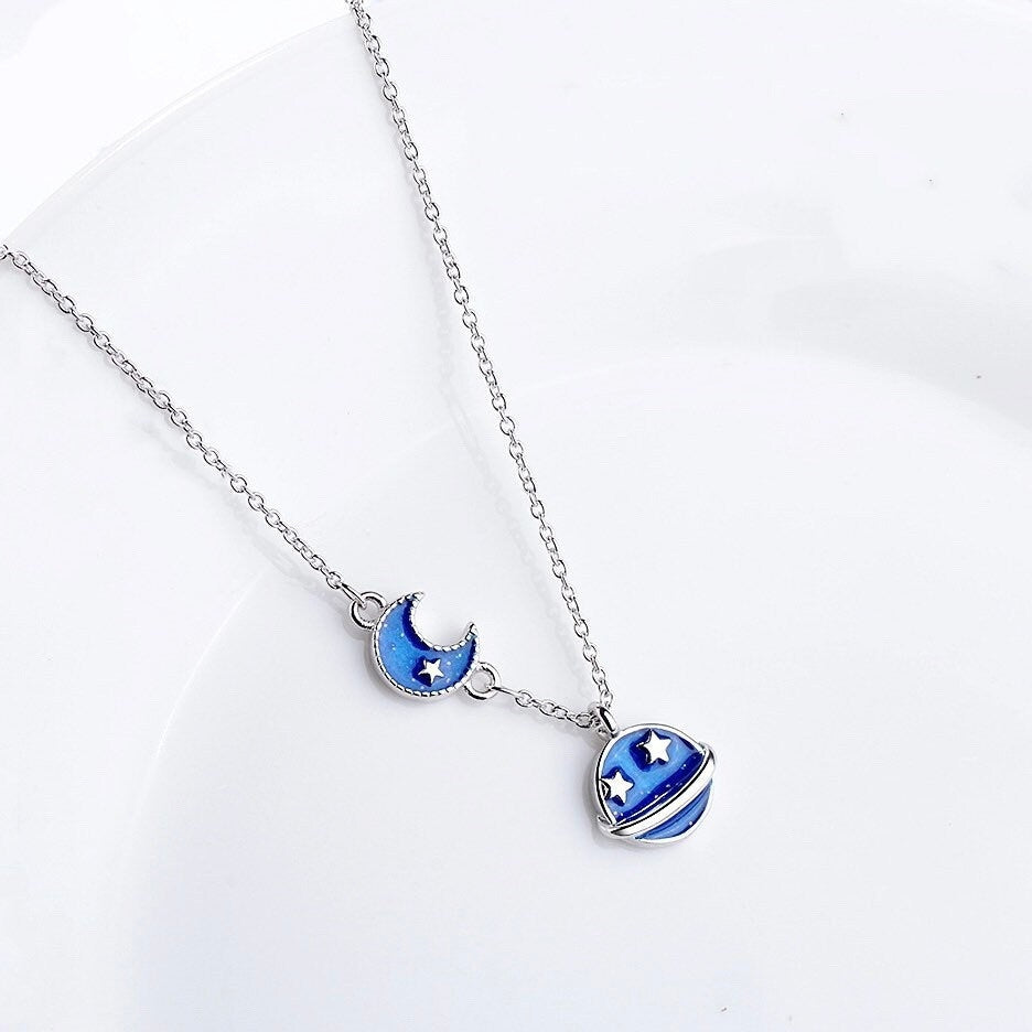 S925 Silver Moon and Saturn Blue Enamel Necklace ~16-17 inches