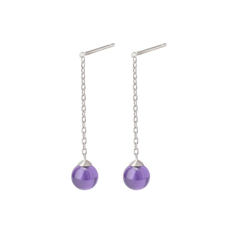 Threader earrings featuring AAAA grade 7-8mm purple amethyst gemstones, available in 6cm, 8cm, and 10cm lengths, showcasing deep, captivating color and brilliance.