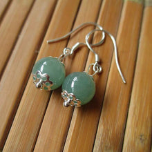 이미지를 갤러리 뷰어에 로드 , 925 Silver Dangle Earrings with Filigree Flower Designs and 8mm Natural Jade Round Beads in Dark Green, Green, or White, Elegant Jewelry
